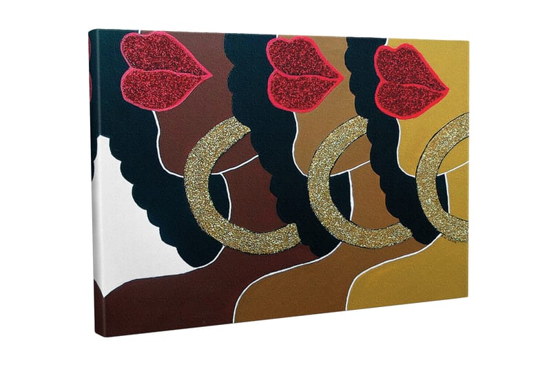 Canvas-taulu - Värikäs sommitelma kasvoista, kimaltelevista huulista ja suurista korvakoruista - Tummanruskea / Kulta / Punainen - Sisustustuotteet - Taulu & taide - Canvas-taulu