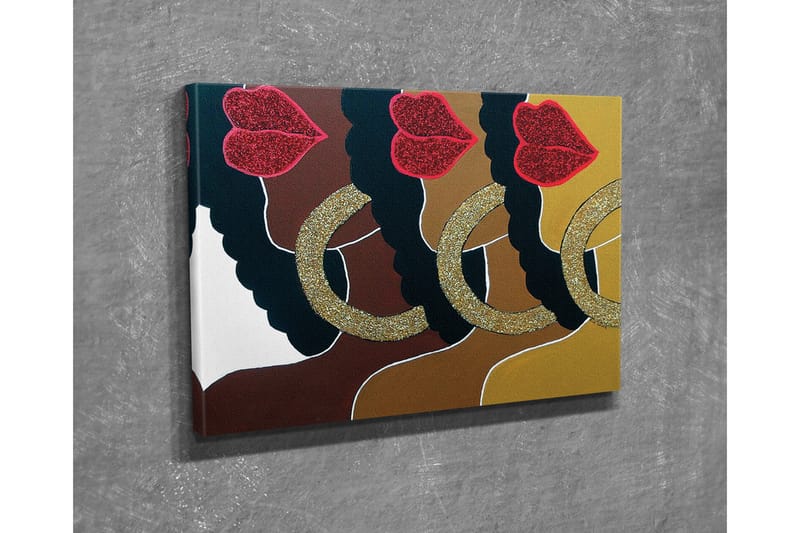 Canvas-taulu - Värikäs sommitelma kasvoista, kimaltelevista huulista ja suurista korvakoruista - Tummanruskea / Kulta / Punainen - Sisustustuotteet - Taulu & taide - Canvas-taulu