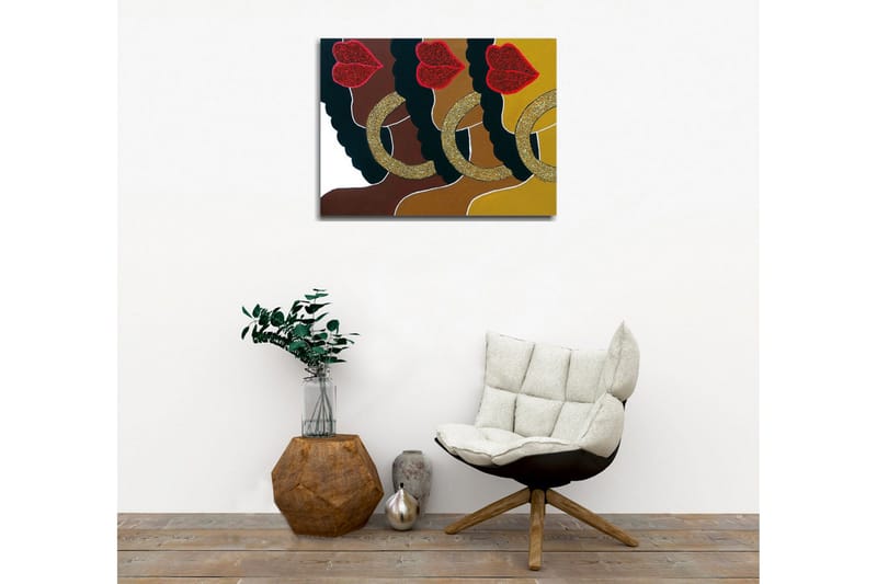 Canvas-taulu - Värikäs sommitelma kasvoista, kimaltelevista huulista ja suurista korvakoruista - Tummanruskea / Kulta / Punainen - Sisustustuotteet - Taulu & taide - Canvas-taulu