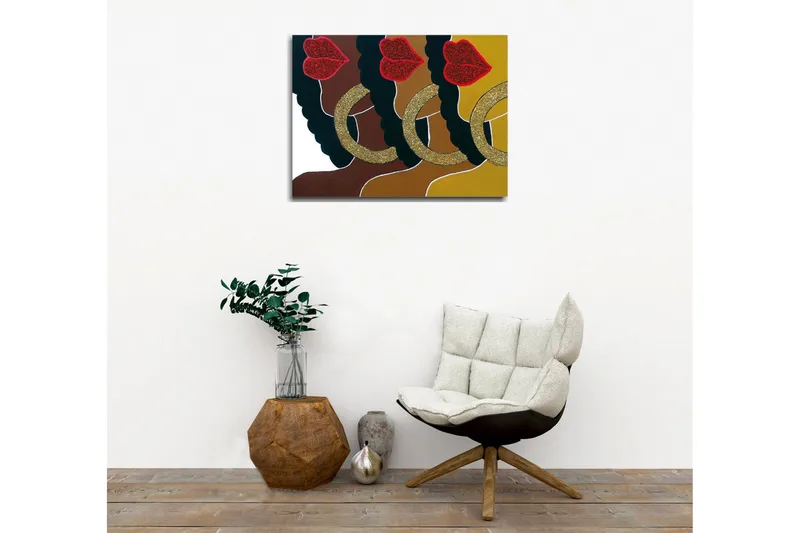 Canvas-taulu - Värikäs sommitelma kasvoista, kimaltelevista huulista ja suurista korvakoruista - Tummanruskea / Kulta / Punainen - Sisustustuotteet - Taulu & taide - Canvas-taulu