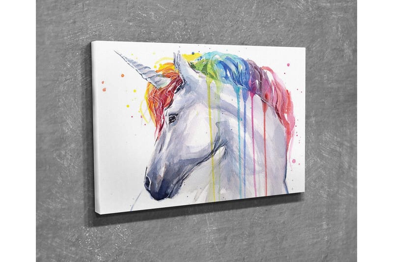 Canvas-taulu - Värikäs yksisarvinen sateenkaaren värisellä harjalla ja tippuvalla maalilla - Valkoinen / Sateenkaari (punainen / oranssi - Sisustustuotteet - Taulu & taide - Canvas-taulu