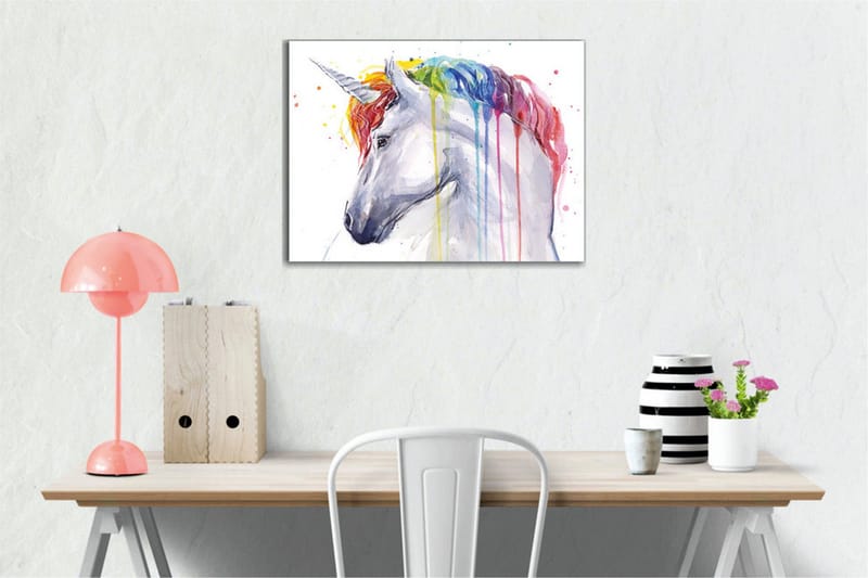Canvas-taulu - Värikäs yksisarvinen sateenkaaren värisellä harjalla ja tippuvalla maalilla - Valkoinen / Sateenkaari (punainen / oranssi - Sisustustuotteet - Taulu & taide - Canvas-taulu