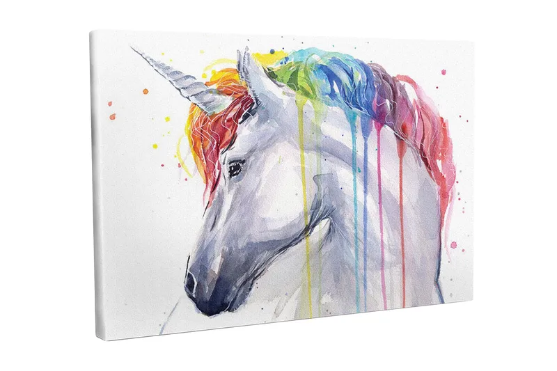 Canvas-taulu - Värikäs yksisarvinen sateenkaaren värisellä harjalla ja tippuvalla maalilla, Valkoinen / Sateenkaari (punainen / oranssi