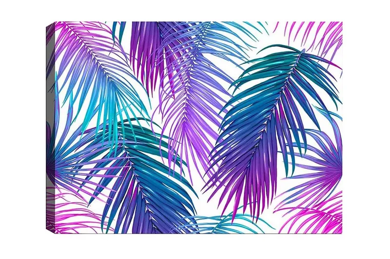 Canvas-taulu - Värikkäät palmunlehdet eloisassa sommitelmassa, Violetti / Turkoosi / Sininen