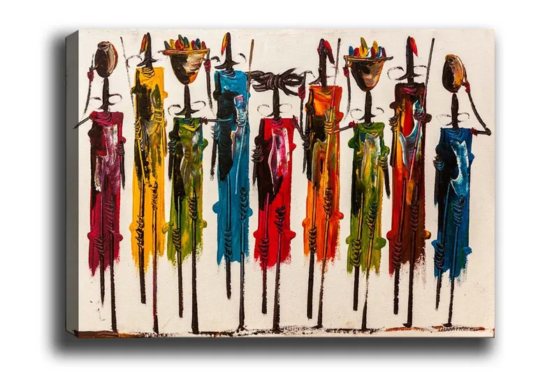 Canvas-taulu - Värikkäitä hahmoja perinteisten vaatteiden ja esineiden kanssa, Punainen / Vihreä / Keltainen