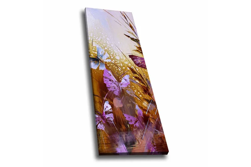 Canvas-taulu - Värikkäitä perhosia abstraktissa luonnonympäristössä, Violetti / Kulta / Sininen