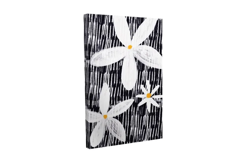Canvas-taulu - Valkoisia ja keltaisia kukkia mustalla taustalla, Valkoinen / Musta / Keltainen