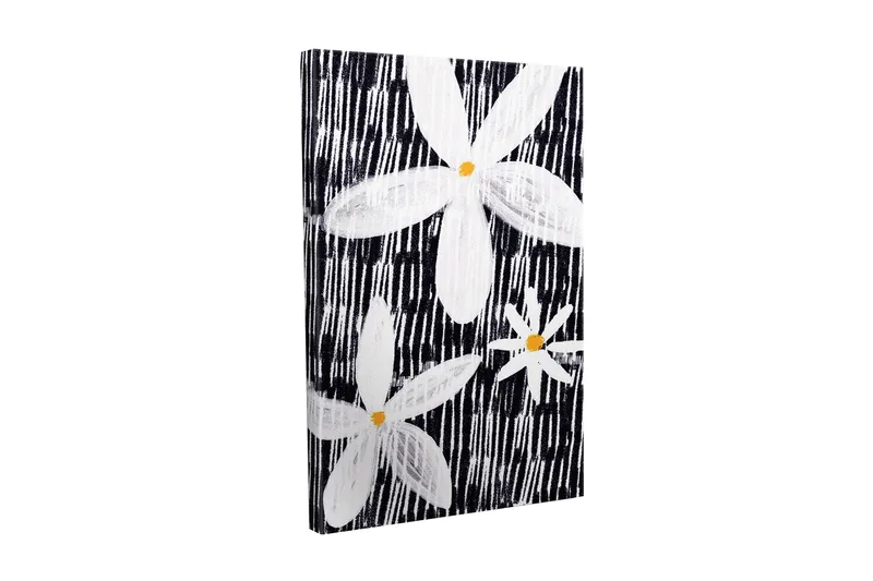 Canvas-taulu - Valkoisia ja keltaisia kukkia mustalla taustalla, Valkoinen / Musta / Keltainen