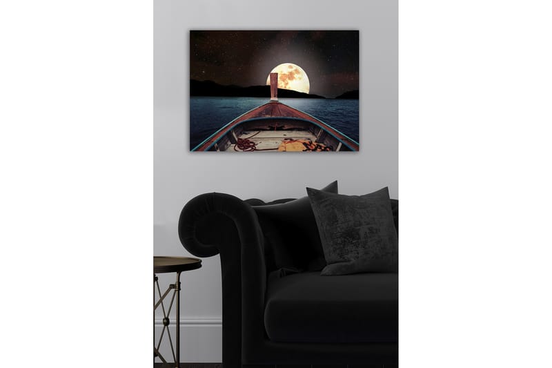 Canvas-taulu - Vene navigoimassa kohti suurta täysikuuta tyynen järven yllä - Tummansininen / Harmaa / Oranssi - Sisustustuotteet - Taulu & taide - Canvas-taulu