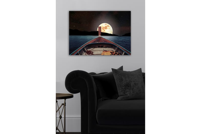 Canvas-taulu - Vene navigoimassa kohti suurta täysikuuta tyynen järven yllä - Tummansininen / Harmaa / Oranssi - Sisustustuotteet - Taulu & taide - Canvas-taulu