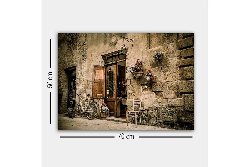 Canvas-taulu - Viehättävä katukuva polkupyörällä ja avoimella ovella kauppaan - Beige / Ruskea / Vihreä - Sisustustuotteet - Taulu & taide - Canvas-taulu