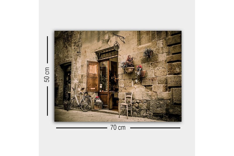 Canvas-taulu - Viehättävä katukuva polkupyörällä ja avoimella ovella kauppaan - Beige / Ruskea / Vihreä - Sisustustuotteet - Taulu & taide - Canvas-taulu