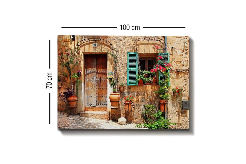 Canvas-taulu - Viehättävä talon julkisivu kukilla ja vihreillä ikkunaluukuilla - Terrakotta / Vihreä / Beige - Sisustustuotteet - Taulu & taide - Canvas-taulu