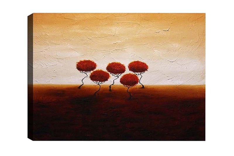 Canvas-taulu - Viisi tyyliteltyä puuta punertavilla lehdillä lämpimän, kultaisen taustan edessä - Punainen / Ruskea / Beige - Sisustustuotteet - Taulu & taide - Canvas-taulu