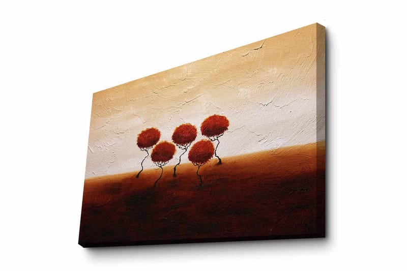 Canvas-taulu - Viisi tyyliteltyä puuta pyöreillä, punaisilla kruunuilla pehmeästi aaltoilevalla taustalla - Punainen / Ruskea / Beige - Sisustustuotteet - Taulu & taide - Canvas-taulu