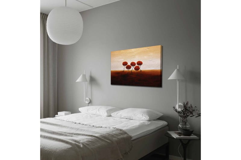 Canvas-taulu - Viisi tyyliteltyä puuta pyöreillä, punaisilla kruunuilla pehmeästi aaltoilevalla taustalla - Punainen / Ruskea / Beige - Sisustustuotteet - Taulu & taide - Canvas-taulu