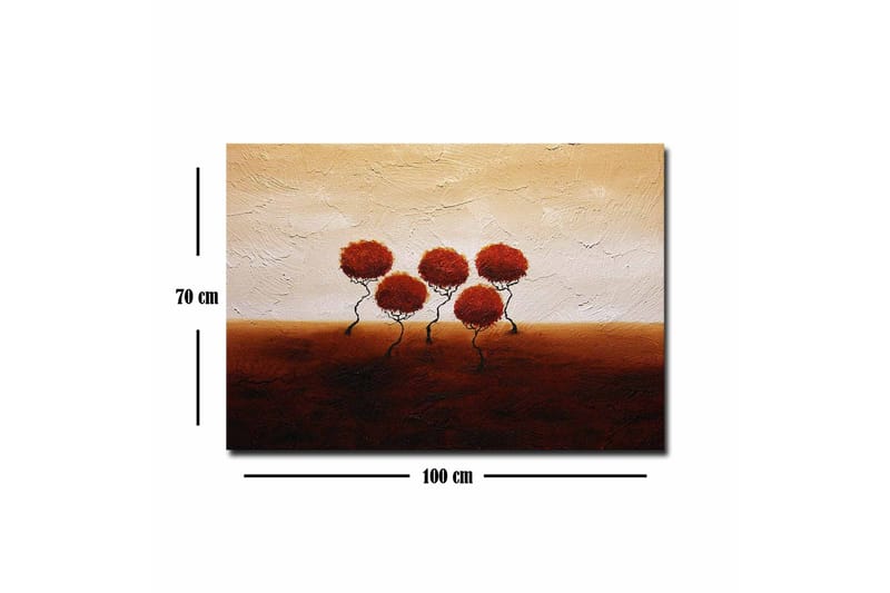 Canvas-taulu - Viisi tyyliteltyä puuta pyöreillä, punaisilla kruunuilla pehmeästi aaltoilevalla taustalla - Punainen / Ruskea / Beige - Sisustustuotteet - Taulu & taide - Canvas-taulu