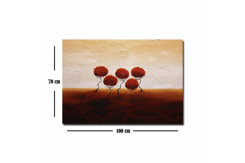 Canvas-taulu - Viisi tyyliteltyä puuta pyöreillä, punaisilla kruunuilla pehmeästi aaltoilevalla taustalla - Punainen / Ruskea / Beige - Sisustustuotteet - Taulu & taide - Canvas-taulu