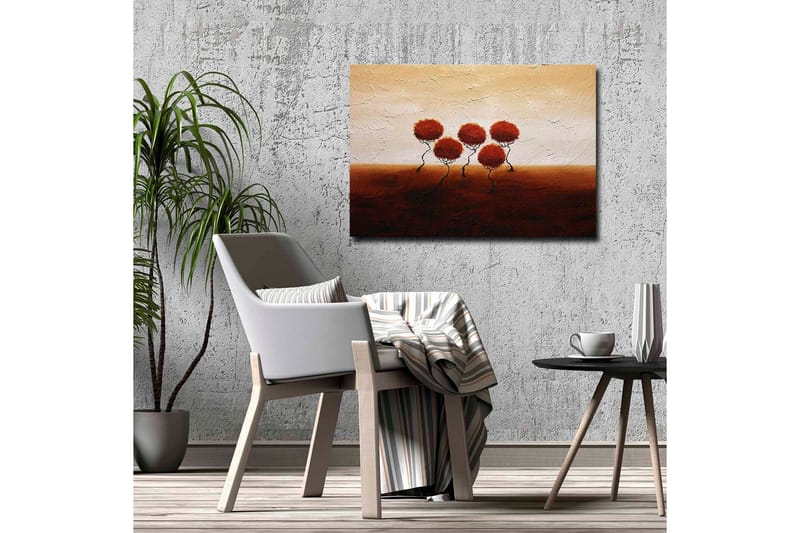 Canvas-taulu - Viisi tyyliteltyä puuta pyöreillä, punaisilla kruunuilla pehmeästi aaltoilevalla taustalla - Punainen / Ruskea / Beige - Sisustustuotteet - Taulu & taide - Canvas-taulu