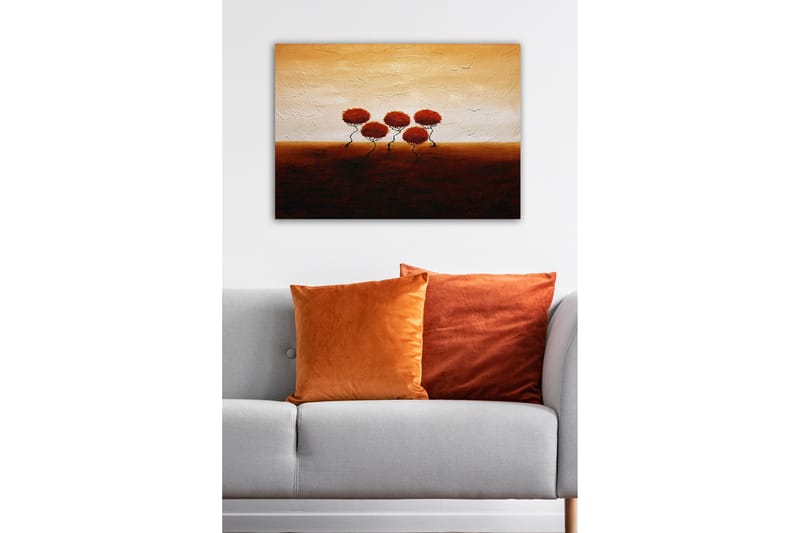 Canvas-taulu - Viisi tyyliteltyä puuta punertavilla lehdillä lämpimän, kultaisen taustan edessä - Punainen / Ruskea / Beige - Sisustustuotteet - Taulu & taide - Canvas-taulu