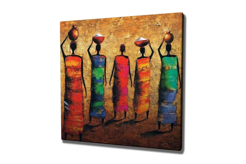 Canvas-taulu - Viisi värikkäissä mekoissa olevaa naista kantavat ruukkuja päässään, Punainen / Vihreä / Sininen
