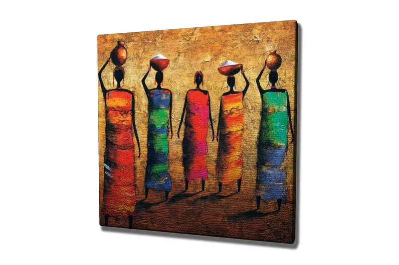 Canvas-taulu - Viisi värikkäissä mekoissa olevaa naista kantavat ruukkuja päässään, Punainen / Vihreä / Sininen
