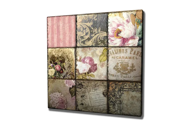 Canvas-taulu - Vintage-henkisten kuvioiden ja kukkien mosaiikki, Vaaleanpunainen / Kulta / Beige