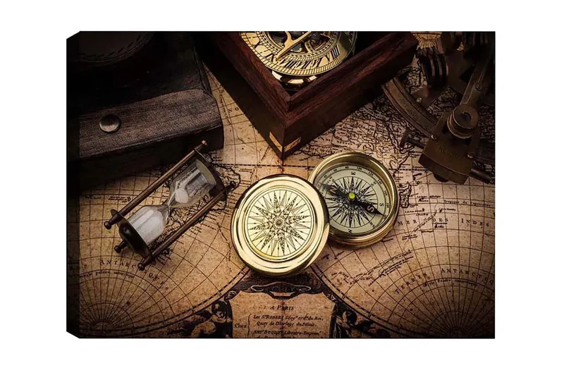 Canvas-taulu - Vintage-navigointityökalut vanhalla kartalla, Kulta / Ruskea / Beige