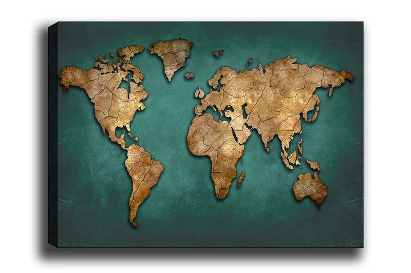 Canvas-taulu - Vintage-tyylinen maailmankartta yksityiskohtaisella tekstuurilla, Kulta / Sinivihreä