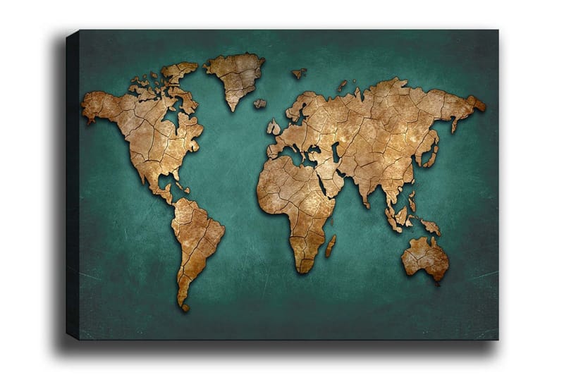 Canvas-taulu - Vintage-tyylinen maailmankartta yksityiskohtaisella tekstuurilla, Kulta / Sinivihreä