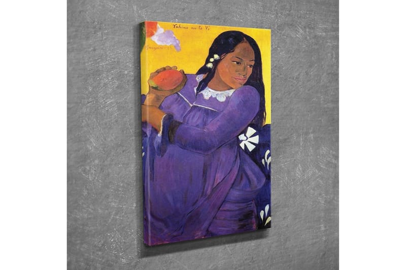 Canvas-taulu - Violettiin mekkoon pukeutunut nainen pitelee hedelmää - Violetti / Keltainen / Valkoinen - Sisustustuotteet - Taulu & taide - Canvas-taulu