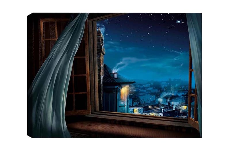 Canvas-taulu - Yönäkymä avoimen ikkunan läpi tähtien ja kaupungin valojen kanssa, Tummansininen / Vaaleansininen / Harmaa