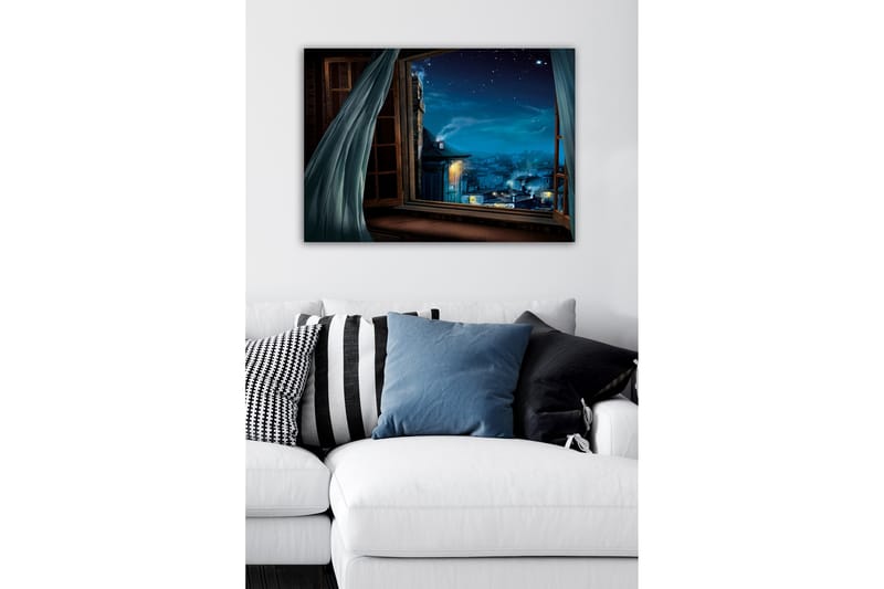 Canvas-taulu - Yönäkymä avoimen ikkunan läpi tähtien ja kaupungin valojen kanssa - Tummansininen / Vaaleansininen / Harmaa - Sisustustuotteet - Taulu & taide - Canvas-taulu