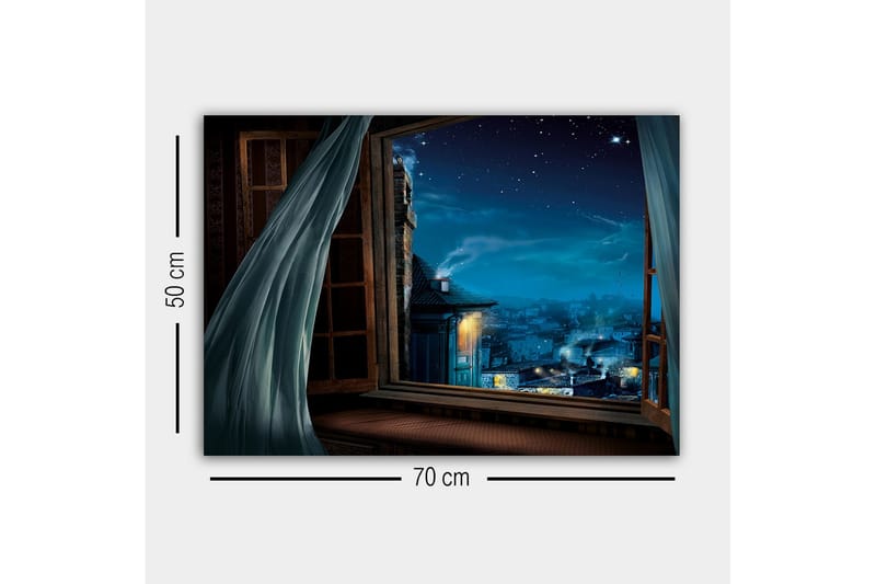 Canvas-taulu - Yönäkymä avoimen ikkunan läpi tähtien ja kaupungin valojen kanssa - Tummansininen / Vaaleansininen / Harmaa - Sisustustuotteet - Taulu & taide - Canvas-taulu