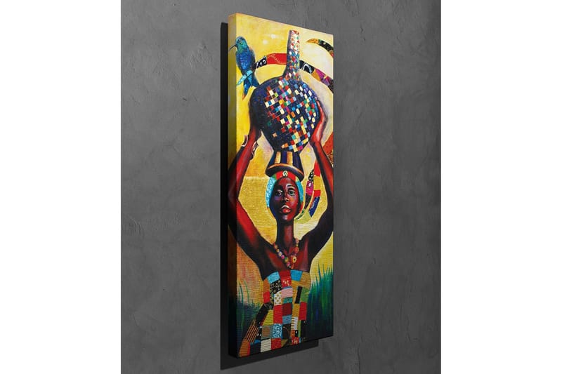 Canvas-taulu - Ylpeä nainen kantaa värikästä ruukkua päässään ja lintua olallaan - Keltainen / Punainen / Sininen - Sisustustuotteet - Taulu & taide - Canvas-taulu