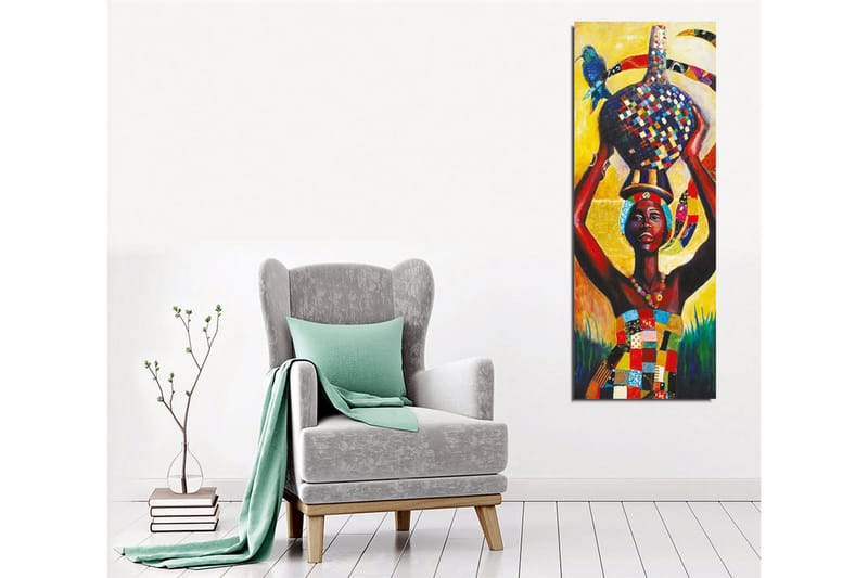 Canvas-taulu - Ylpeä nainen kantaa värikästä ruukkua päässään ja lintua olallaan - Keltainen / Punainen / Sininen - Sisustustuotteet - Taulu & taide - Canvas-taulu