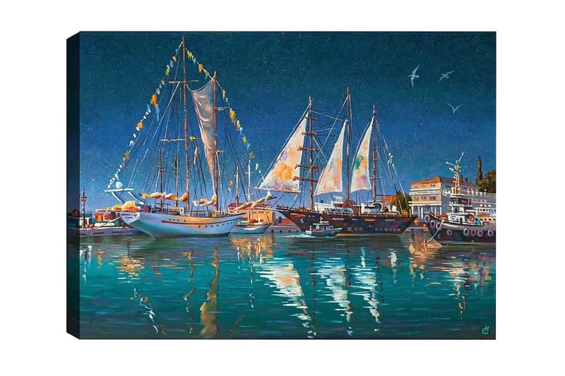 Canvas-taulu - Purjeveneet satamassa tähtitaivaan alla, Tummansininen / Turkoosi / Valkoinen