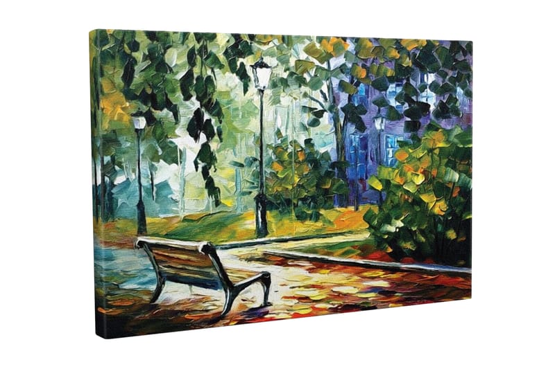 Canvas-taulu - Puistonpenkki rehevien puiden ja valojen ympäröimänä värikkäässä ympäristössä - Vihreä / Keltainen / Sininen - Sisustustuotteet - Taulu & taide - Canvas-taulu