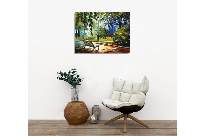 Canvas-taulu - Puistonpenkki rehevien puiden ja valojen ympäröimänä värikkäässä ympäristössä - Vihreä / Keltainen / Sininen - Sisustustuotteet - Taulu & taide - Canvas-taulu