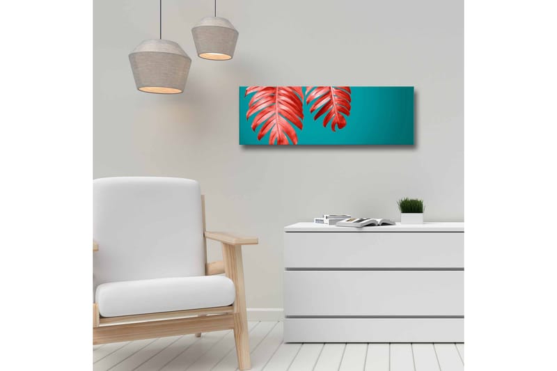 Canvas-taulu - Punaiset palmunlehdet turkoosia taustaa vasten - Punainen / Turkoosi - Sisustustuotteet - Taulu & taide - Canvas-taulu