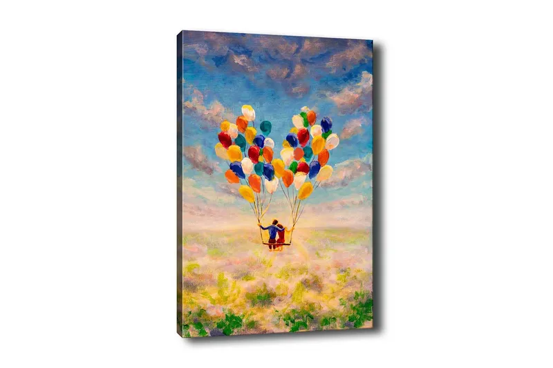Canvas-taulu - Pariskunta ilmapallojen kanssa leijumassa kukkivan niityn yllä, Keltainen / Vihreä / Sininen