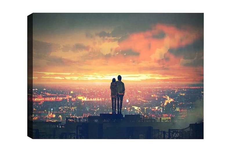 Canvas-taulu - Pariskunta seisoo yhdessä katselemassa auringonlaskua kaupungin yllä - Oranssi / Sininen / Harmaa - Sisustustuotteet - Taulu & taide - Canvas-taulu