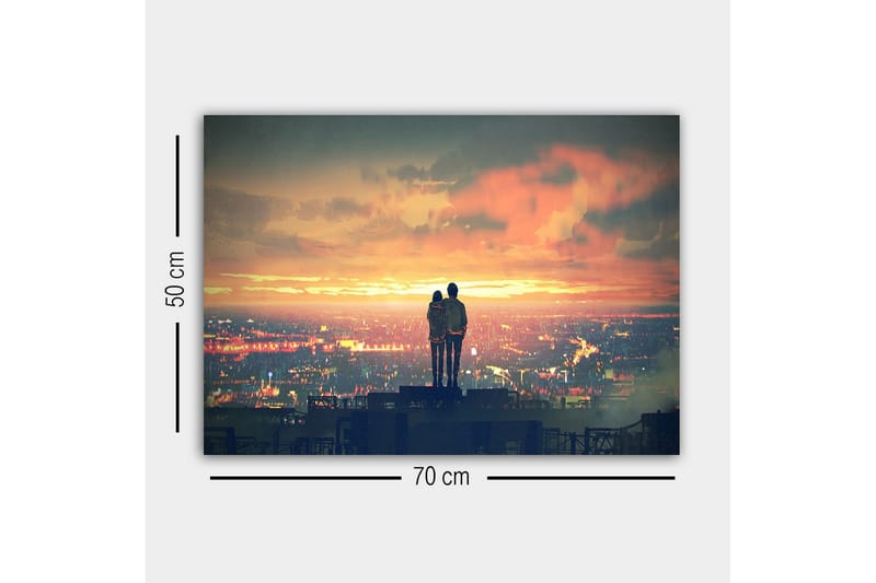 Canvas-taulu - Pariskunta seisoo yhdessä katselemassa auringonlaskua kaupungin yllä - Oranssi / Sininen / Harmaa - Sisustustuotteet - Taulu & taide - Canvas-taulu