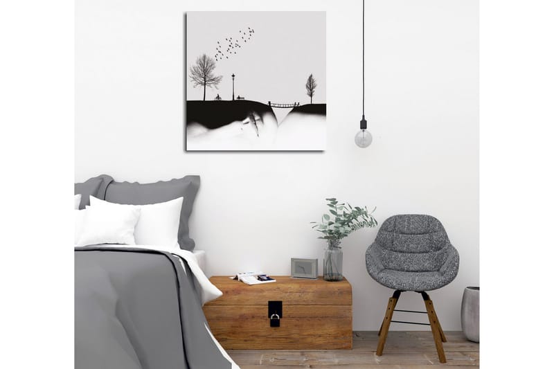 Canvas-taulu - Puiston siluetti puiden, penkin ja lennon aikana olevien lintujen kanssa - Musta / Harmaa - Sisustustuotteet - Taulu & taide - Canvas-taulu