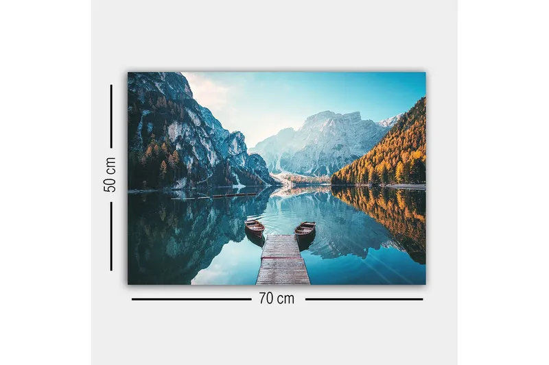 Canvas-taulu - Peilimäinen järvi vuorilla ja syksyn värisillä puilla - Sininen / Oranssi / Vihreä - Sisustustuotteet - Taulu & taide - Canvas-taulu