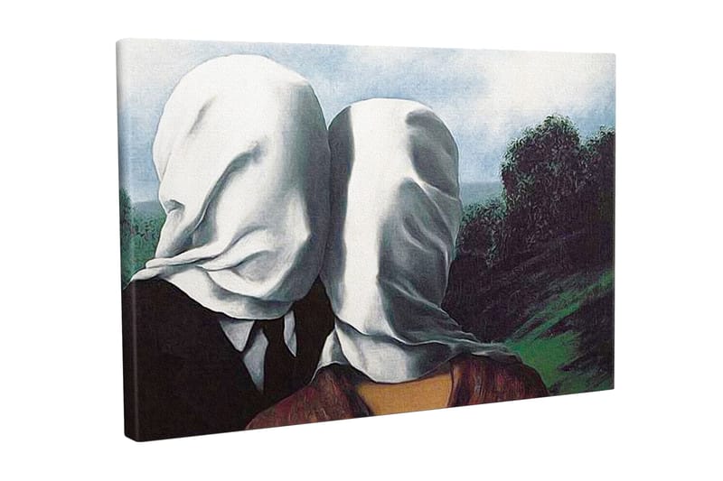 Canvas-taulu - Pariskunta seisoo rehevässä maisemassa valkoisilla liinoilla peittäen kasvonsa, Valkoinen / Musta / Vihreä