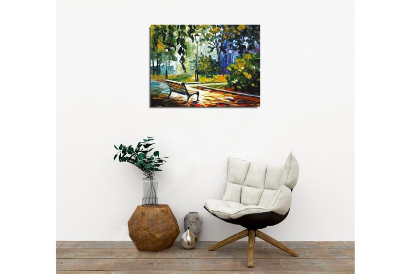 Canvas-taulu - Puistonpenkki rehevien puiden ja valojen ympäröimänä värikkäässä ympäristössä - Vihreä / Keltainen / Sininen - Sisustustuotteet - Taulu & taide - Canvas-taulu