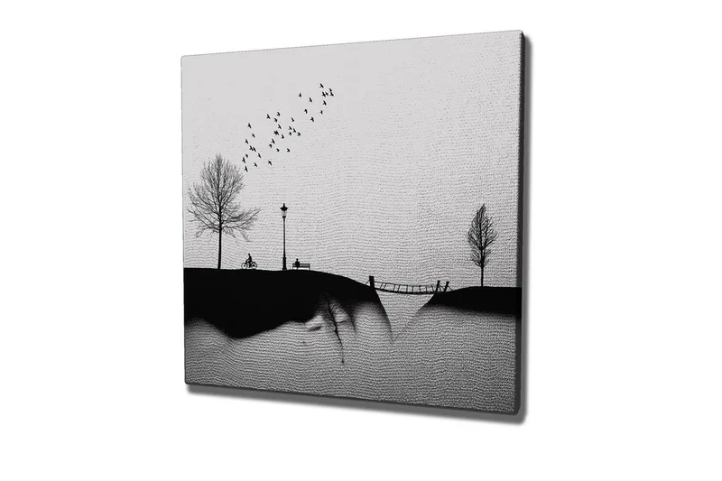 Canvas-taulu - Puiston siluetti puiden, penkin ja lennon aikana olevien lintujen kanssa, Musta / Harmaa