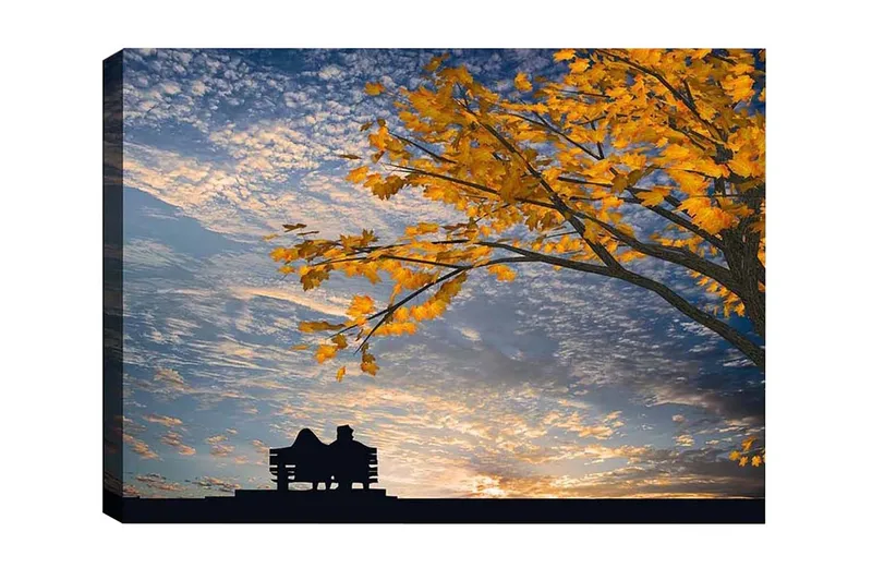 Canvas-taulu - Pariskunnan siluetti istumassa penkillä puun alla kultaisten syksyn lehtien keskellä, Kulta / Sininen / Musta