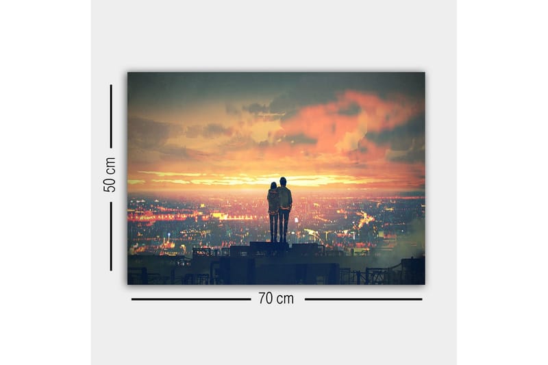 Canvas-taulu - Pariskunta seisoo yhdessä katselemassa auringonlaskua kaupungin yllä - Oranssi / Sininen / Harmaa - Sisustustuotteet - Taulu & taide - Canvas-taulu
